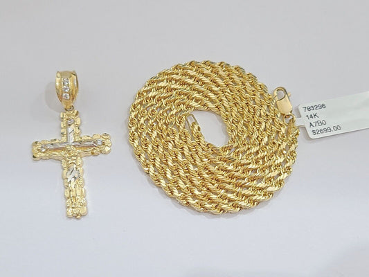 Real 14k Yellow Gold Rope Chain 24'' Necklace Jesus Crucifix Cross Charm Pendant