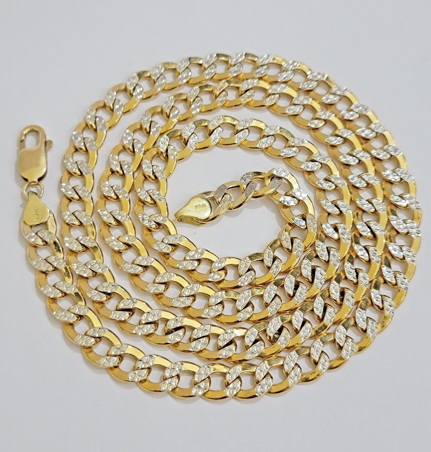 Real 10k Yellow Gold Chain Curb Link Necklace 8mm 18 Inch Diamond Cut Two-tone