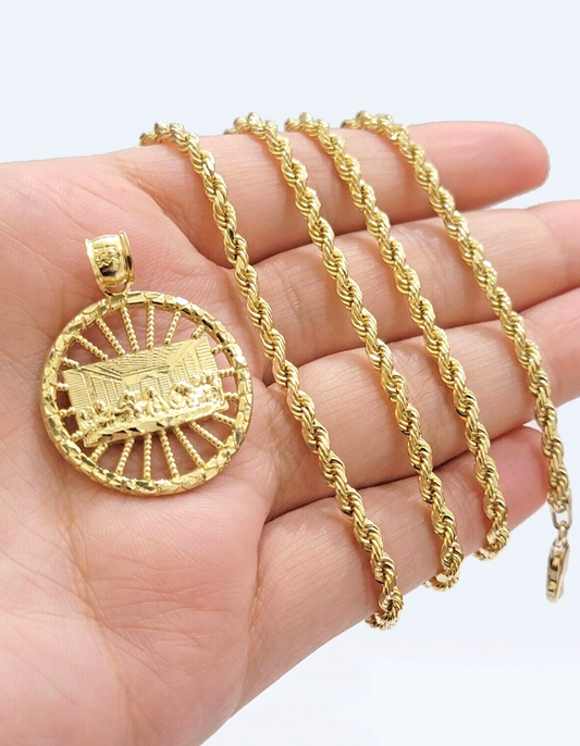 10k Yellow Gold Last Supper Charm Rope Chain 22'' 10kt Circle Pendant Necklace