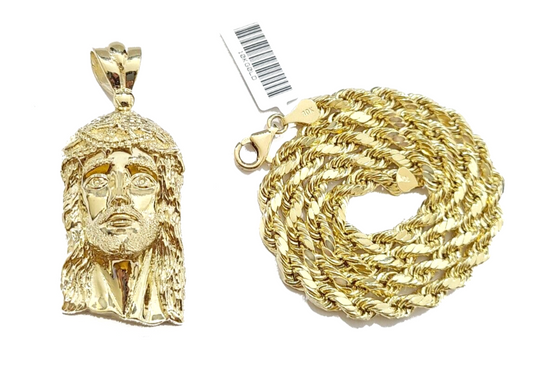 10k Gold Jesus Head Charm Rope Chain Necklace 6mm 28'' Set & Pendant 10kt REAL