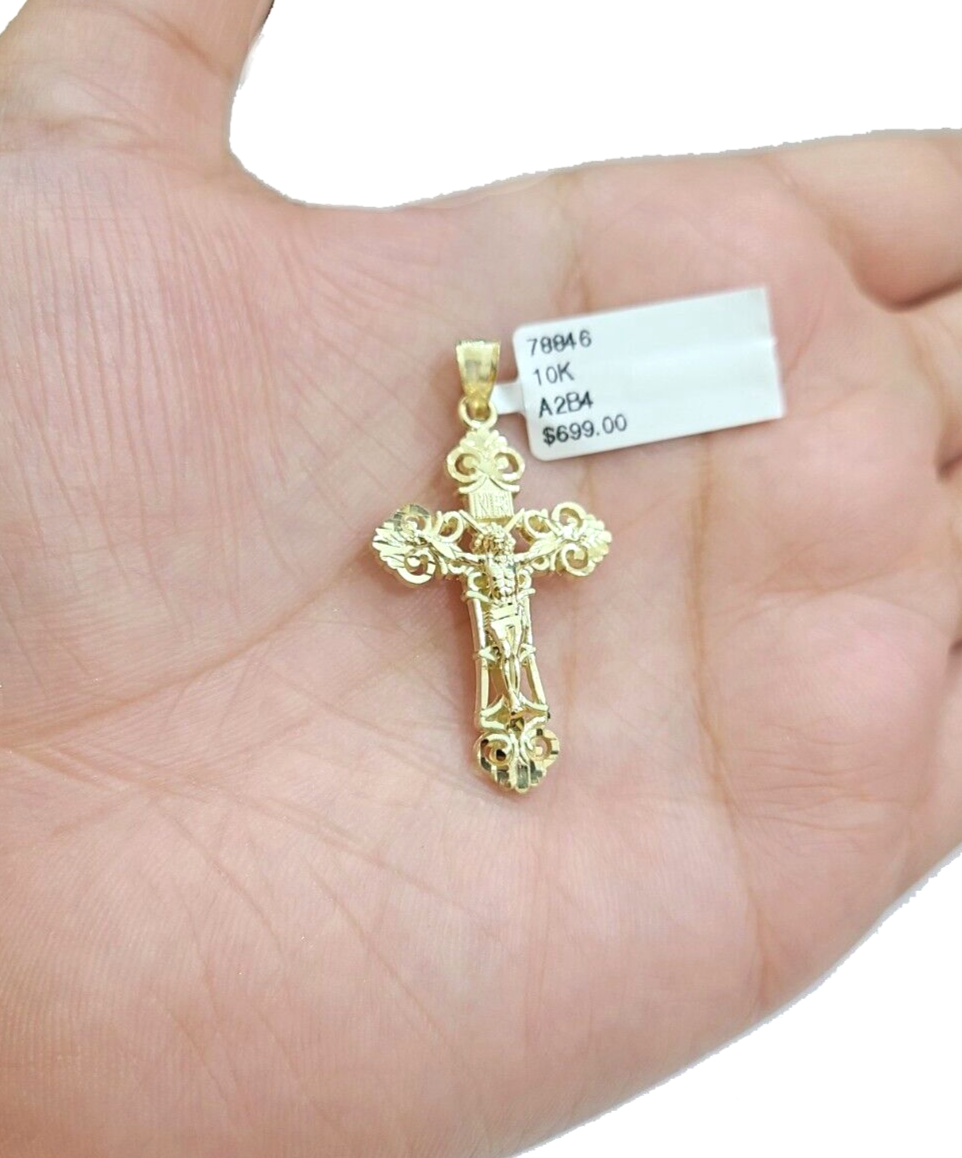 Real 10k Yellow Gold Jesus Cross Charm Rope Chain Necklace 3mm 20'' Pendant 10kt