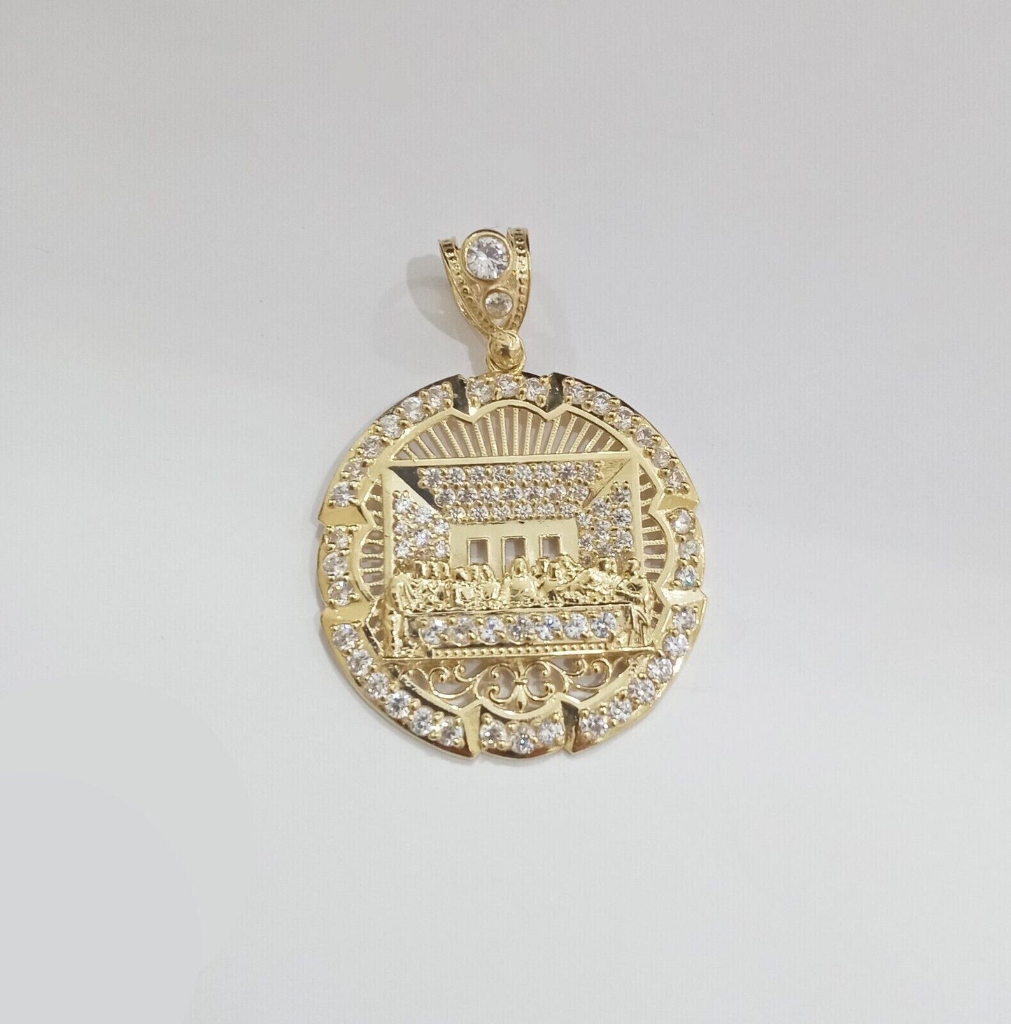 Real 10k Gold Circle Charm Last Supper Pendant 10kt Yellow Gold for Chain Men