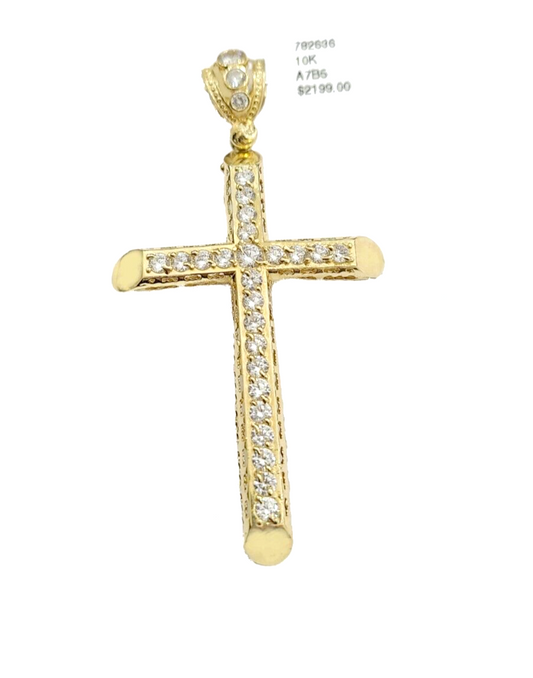 Real 10k Gold Cross Charm Pendant 2.8'' Inch 10KT Yellow Gold Cubic Zirconia