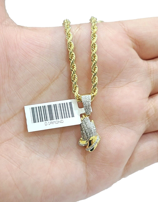 Real 10k Yellow Gold 3mm Rope Chain 20" inch Necklace Praying Hand Charm Pendant