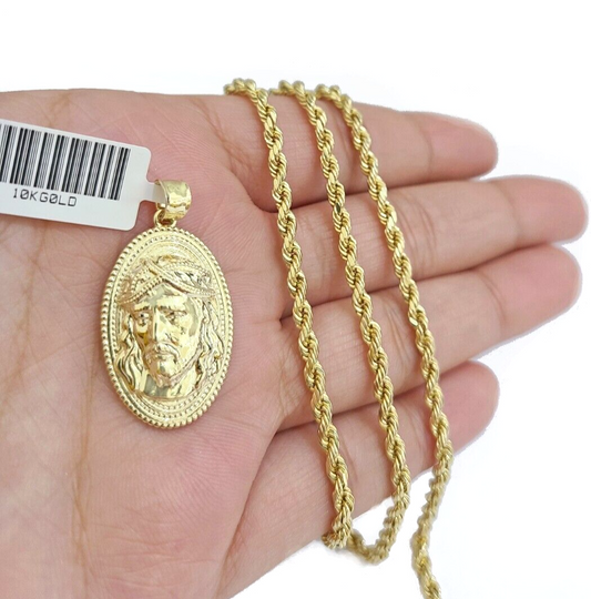 10k Gold Circular Jesus Head Charm Rope Chain Necklace 3mm 18'' Set Pendant 10kt