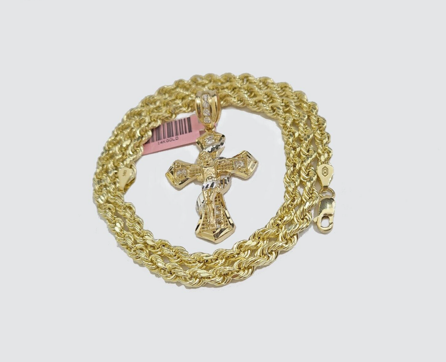 Real 14k Yellow Gold Rope Chain 5mm 20'' Necklace Jesus Cross Charm Pendant 14kt