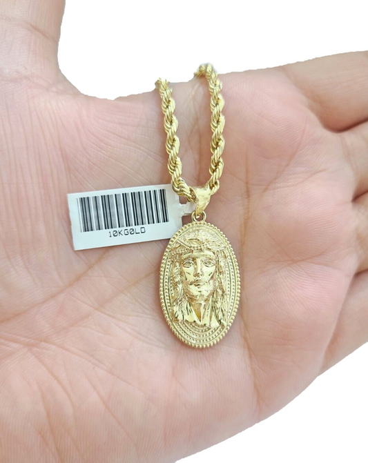 10k Gold Circular Jesus Head Charm Rope Chain Necklace 3mm 20'' Set Pendant 10kt