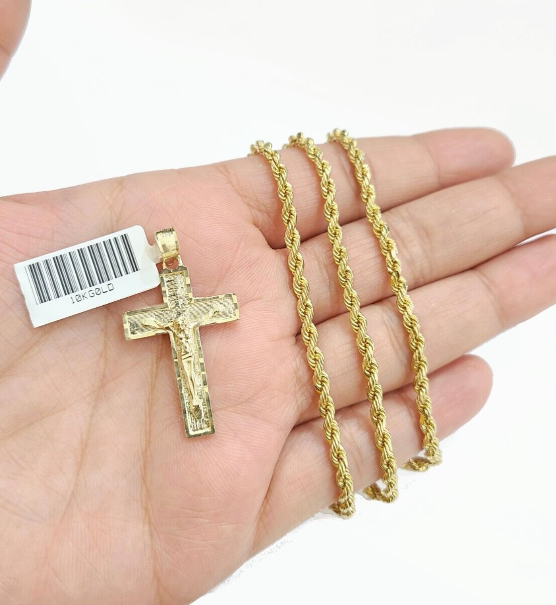 Real 10k Yellow Gold Jesus Cross Charm Rope Chain Necklace 3mm 28'' Pendant 10kt