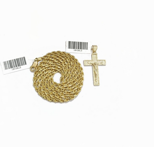 Real 10k Yellow Gold Jesus Cross Charm Rope Chain Necklace 3mm 30'' Pendant 10kt