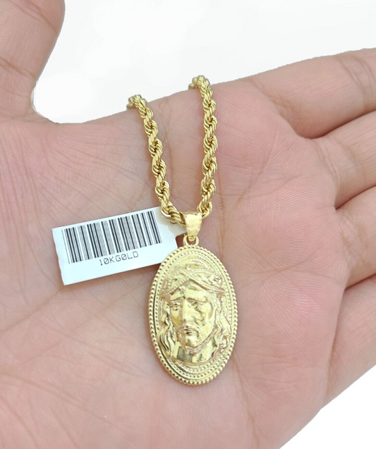 10k Gold Circular Jesus Head Charm Rope Chain Necklace 3mm 22''Set Pendant 10kt