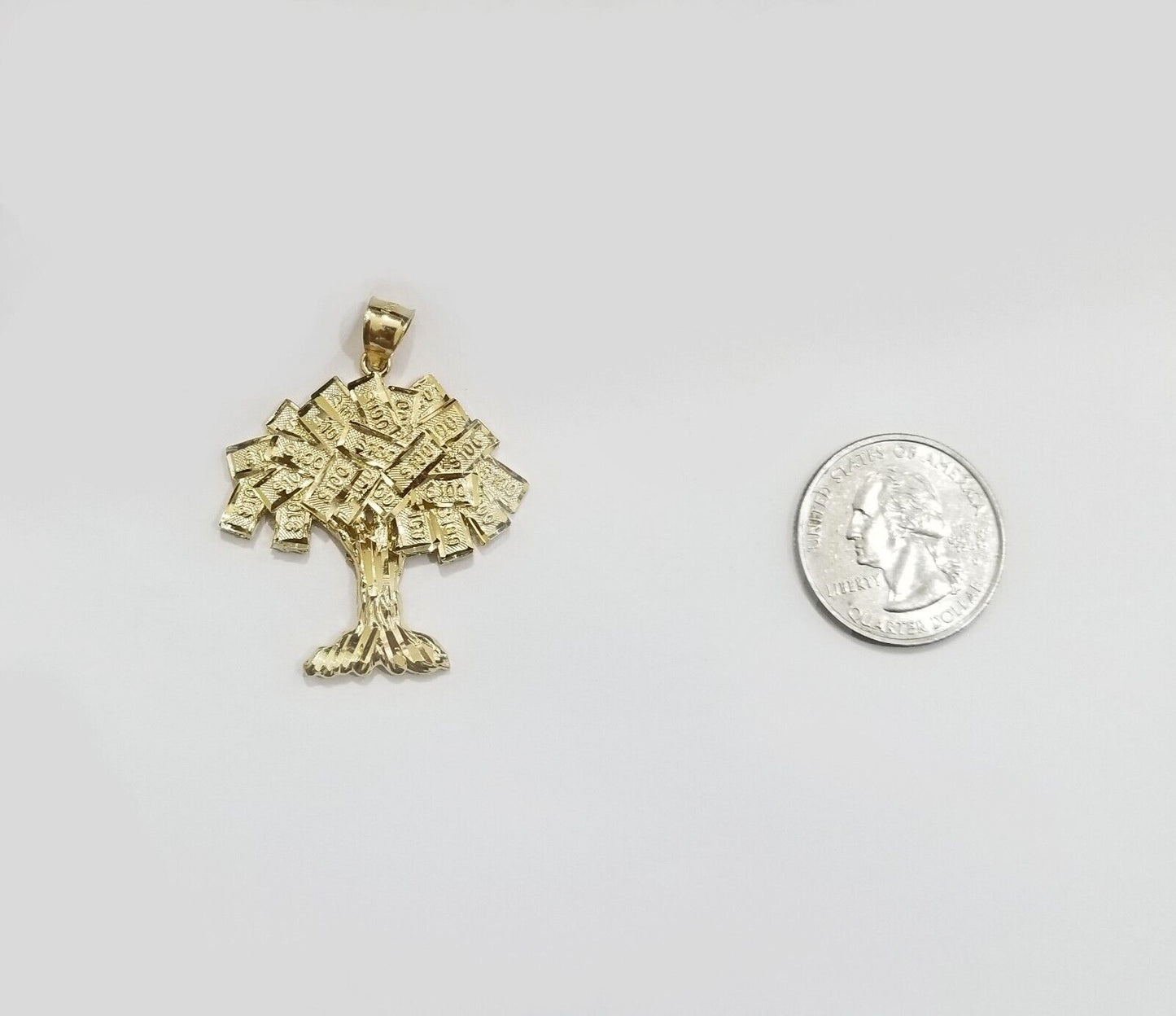 Real 10k Gold Money Tree Charm 1.7 Inch Pendant 10kt Yellow Gold