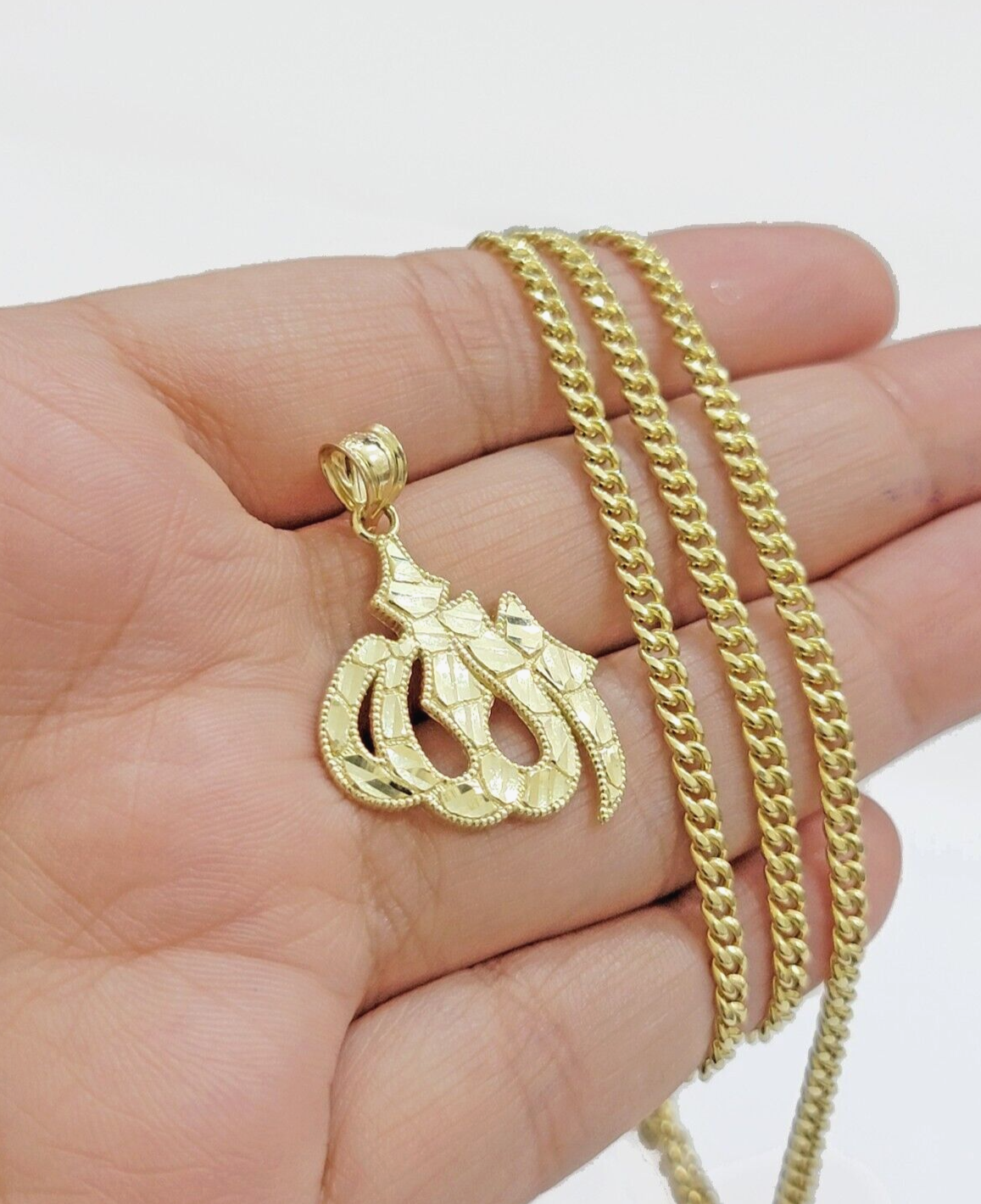 10k Gold Allah Charm Miami Cuban Chain 20" 3mm Necklace Pendant , REAL 10kt SET