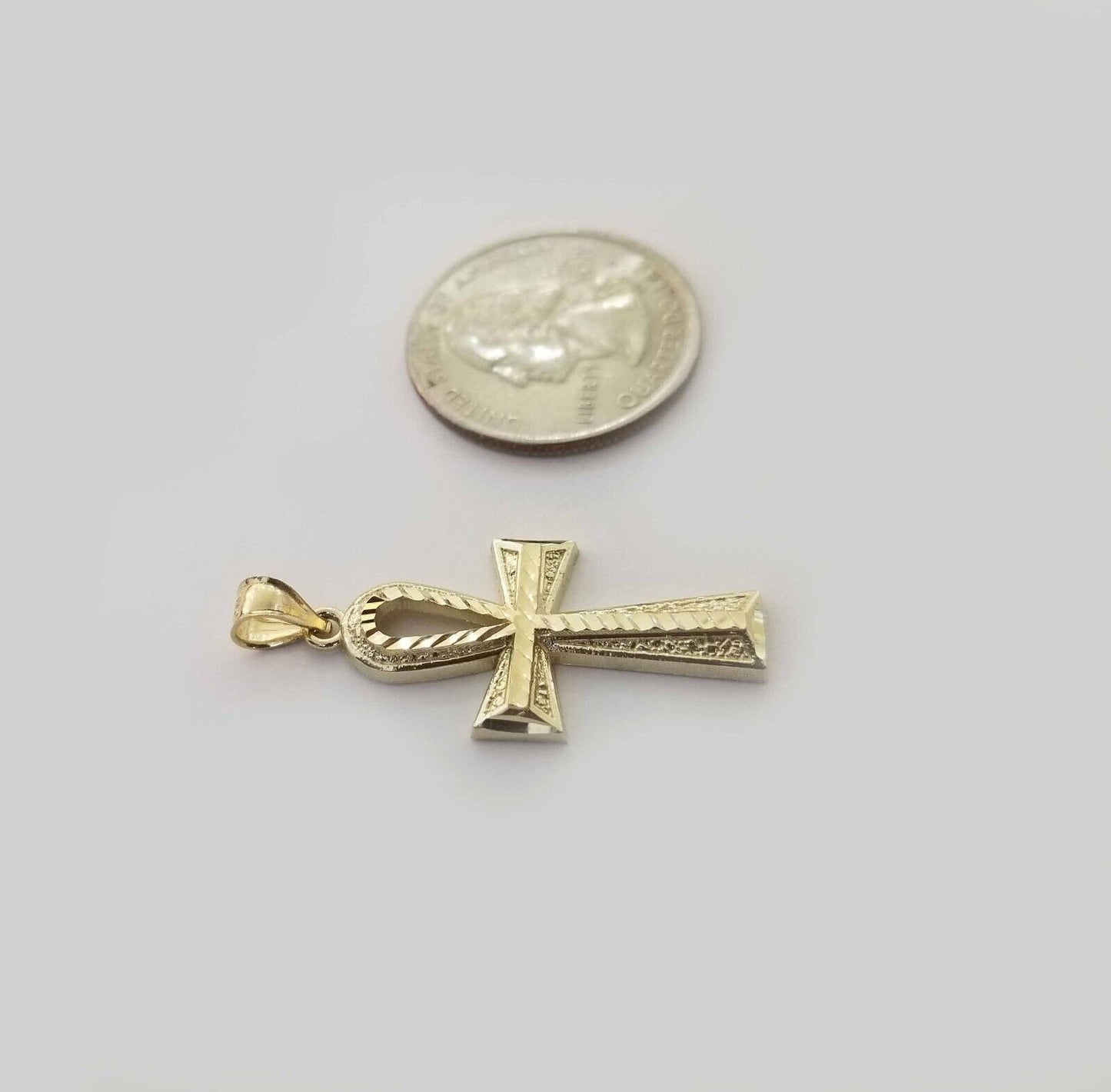 Real 10k Gold Ankh Charm Pendant 10kt Yellow Gold Diamond Cut Cross For Chain