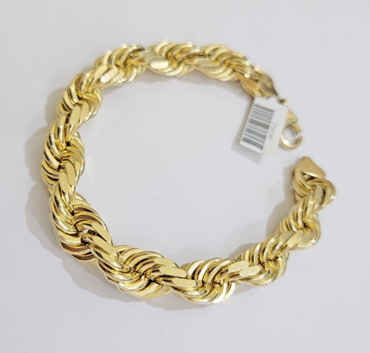 10mm Rope Bracelet 8 Inch Mens Solid 10k Yellow Gold With Diamond cuts REAL 10KT