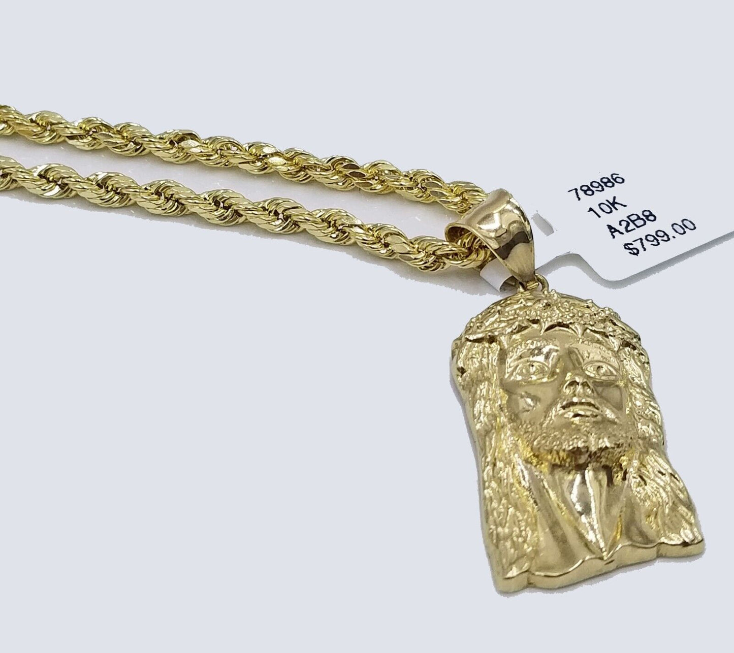 Real 10k Yellow Gold 3mm Rope Chain 20" Inch Necklace And Jesus Head Pendant