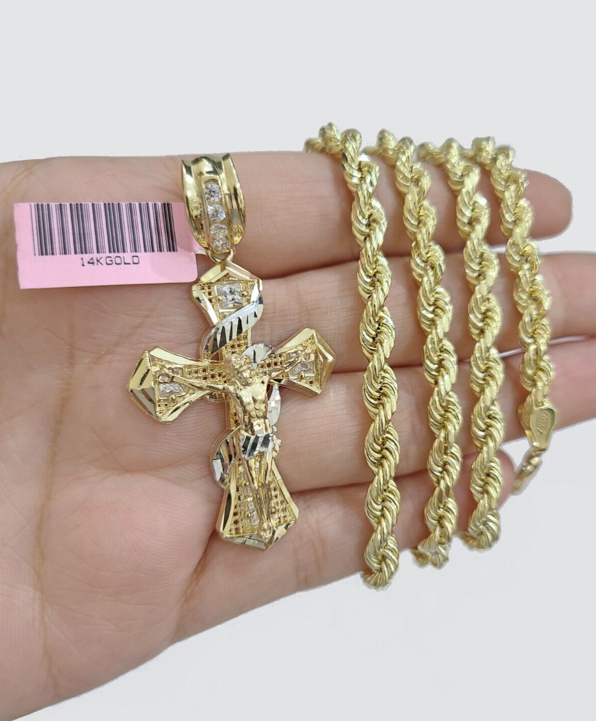 Real 14k Yellow Gold Rope Chain 5mm 20'' Necklace Jesus Cross Charm Pendant 14kt