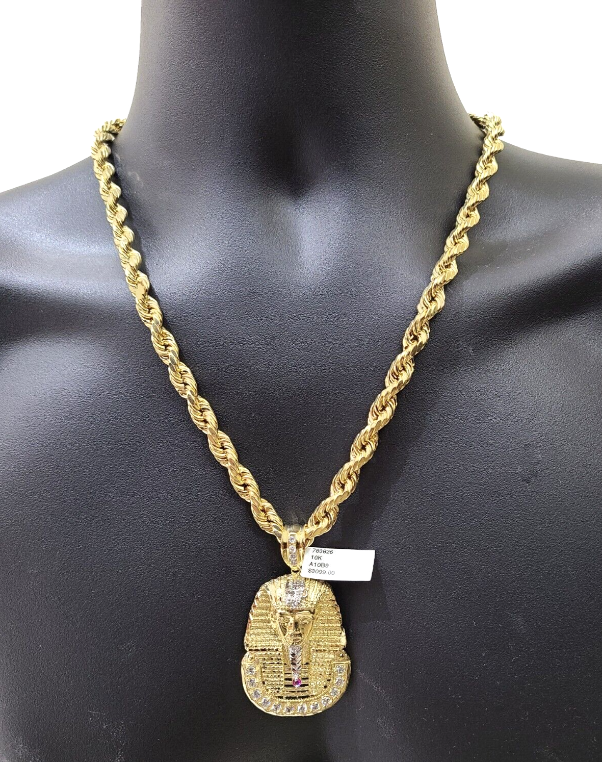 10k Gold Pharaoh Head Charm Rope Chain Necklace 8mm 20'' Set
