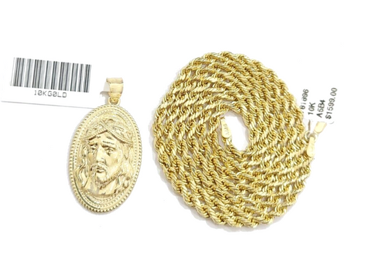 10k Gold Circular Jesus Head Charm Rope Chain Necklace 3mm 20'' Set Pendant 10kt