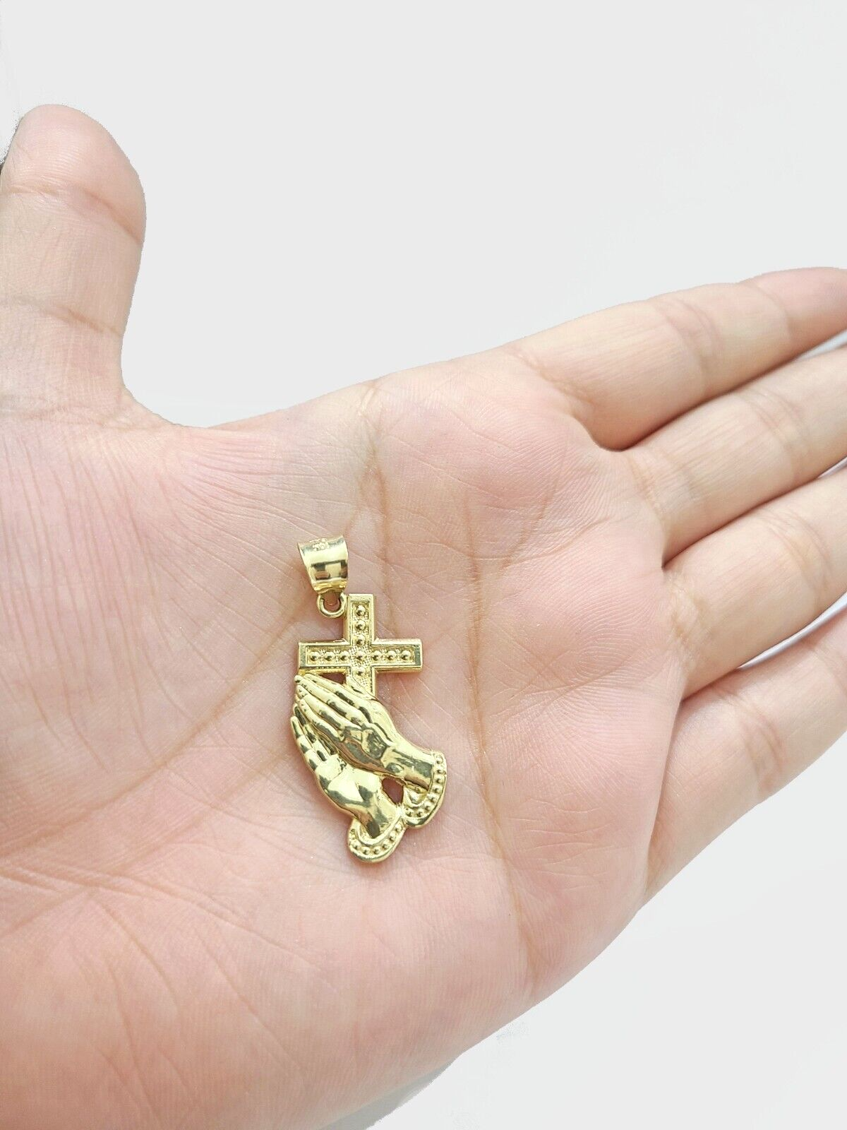 Real 10k Yellow Gold  Rope Chain 24'' Necklace Praying Hand Cross Charm Pendant