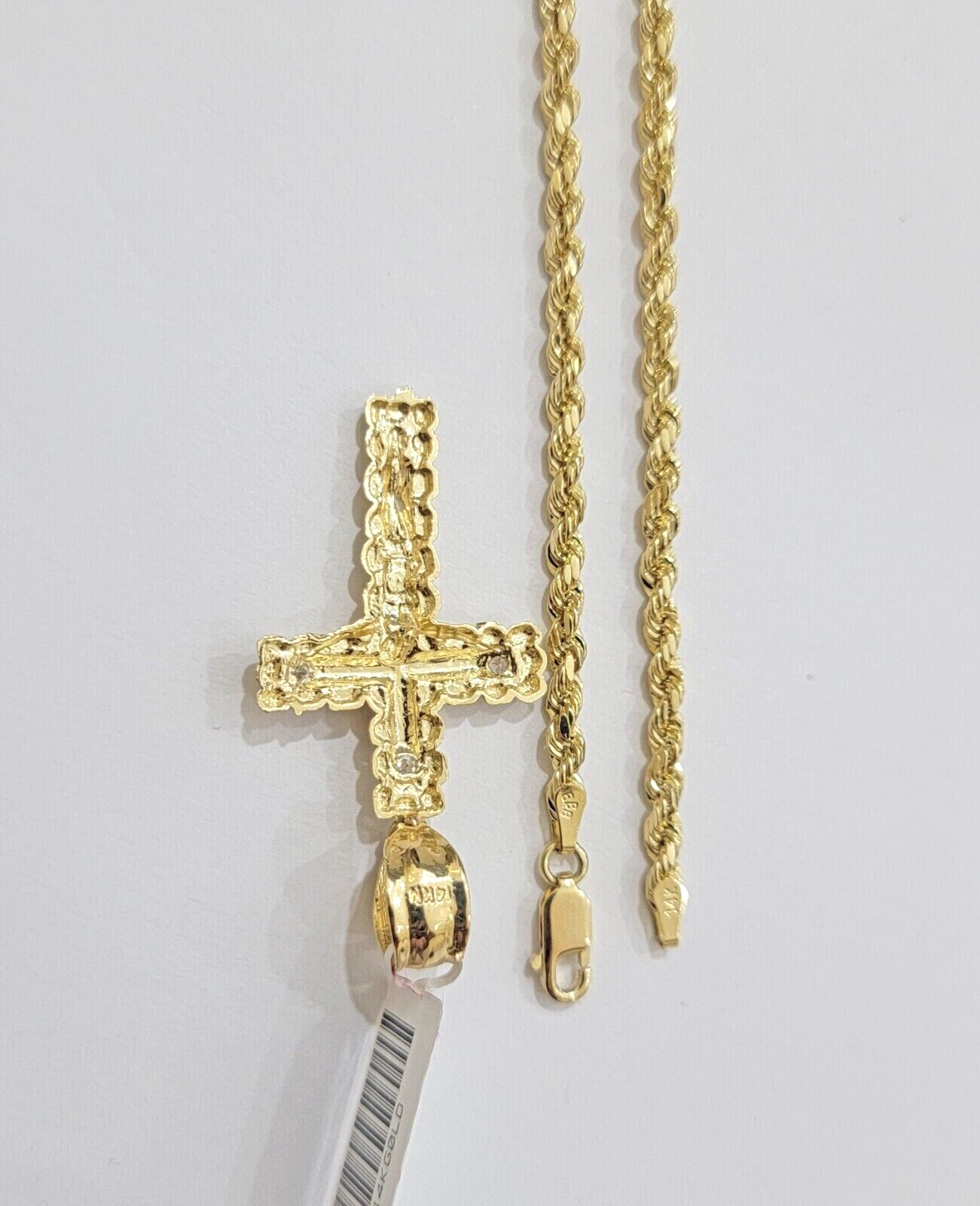 Real 14k Yellow Gold Rope Chain 24'' Necklace Jesus Crucifix Cross Charm Pendant