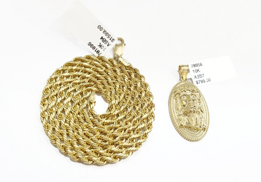 10k Gold Circular Jesus Head Charm Rope Chain Necklace 3mm 18''Set Pendant 10kt