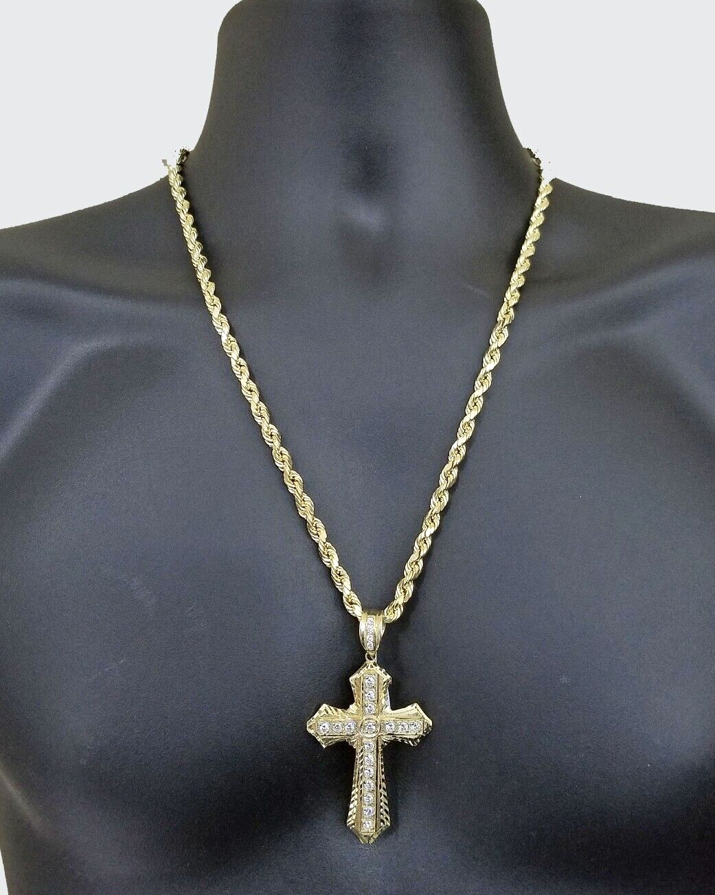 Real 10K Yellow Gold Rope Chain 24 inch Necklace and Cross Pendant 6mm