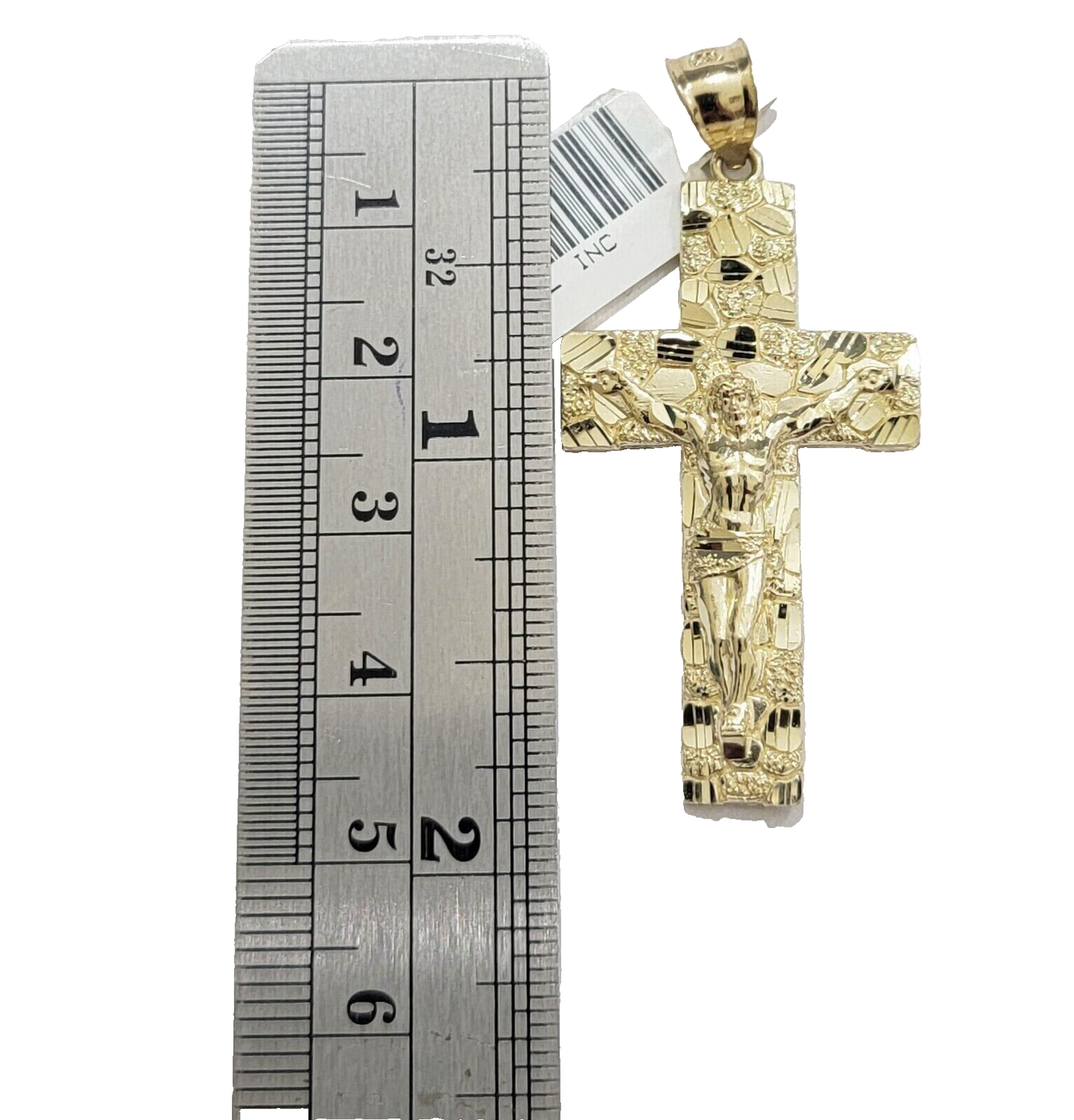 14k Yellow Gold Nugget Jesus Cross Charm Pendant 2'' inches Real 14kt SALE Chain