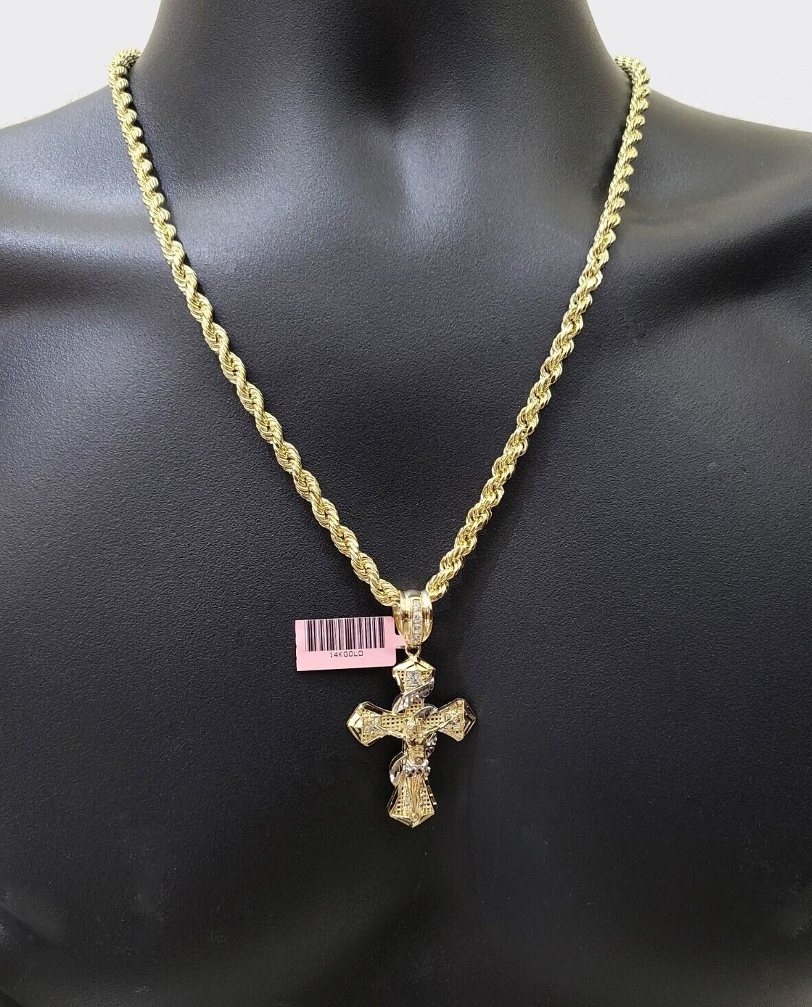 Real 14K Yellow Gold Rope Chain 5mm 22'' Necklace Jesus Cross Charm Pendant 14kt