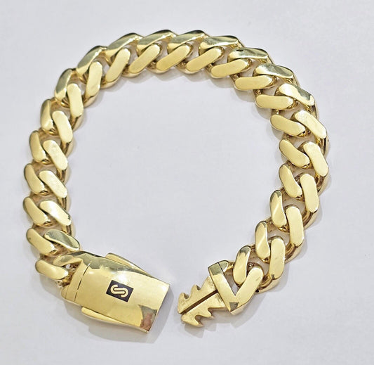 Real 10k Yellow Gold Bracelet 13mm 9 Inch Royal Monaco Cuban Link Mens Box Clasp