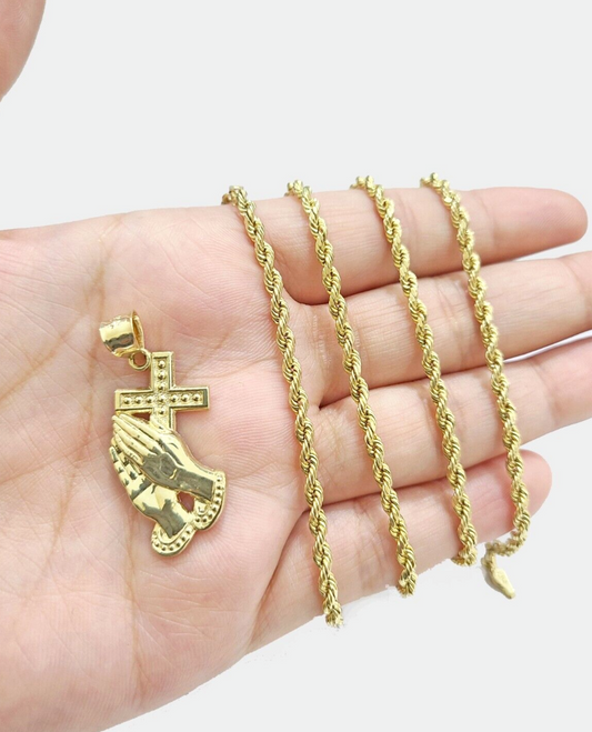 Real 10k Yellow Gold Rope Chain 26'' Necklace Praying Hand Cross Charm Pendant