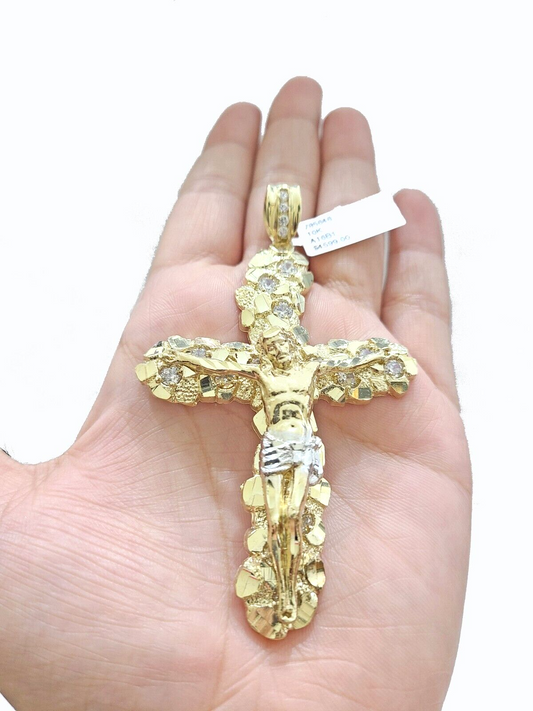 Real 10k Gold Nugget Jesus Cross Charm Pendant 3.5'' Inch 10KT  Yellow Gold