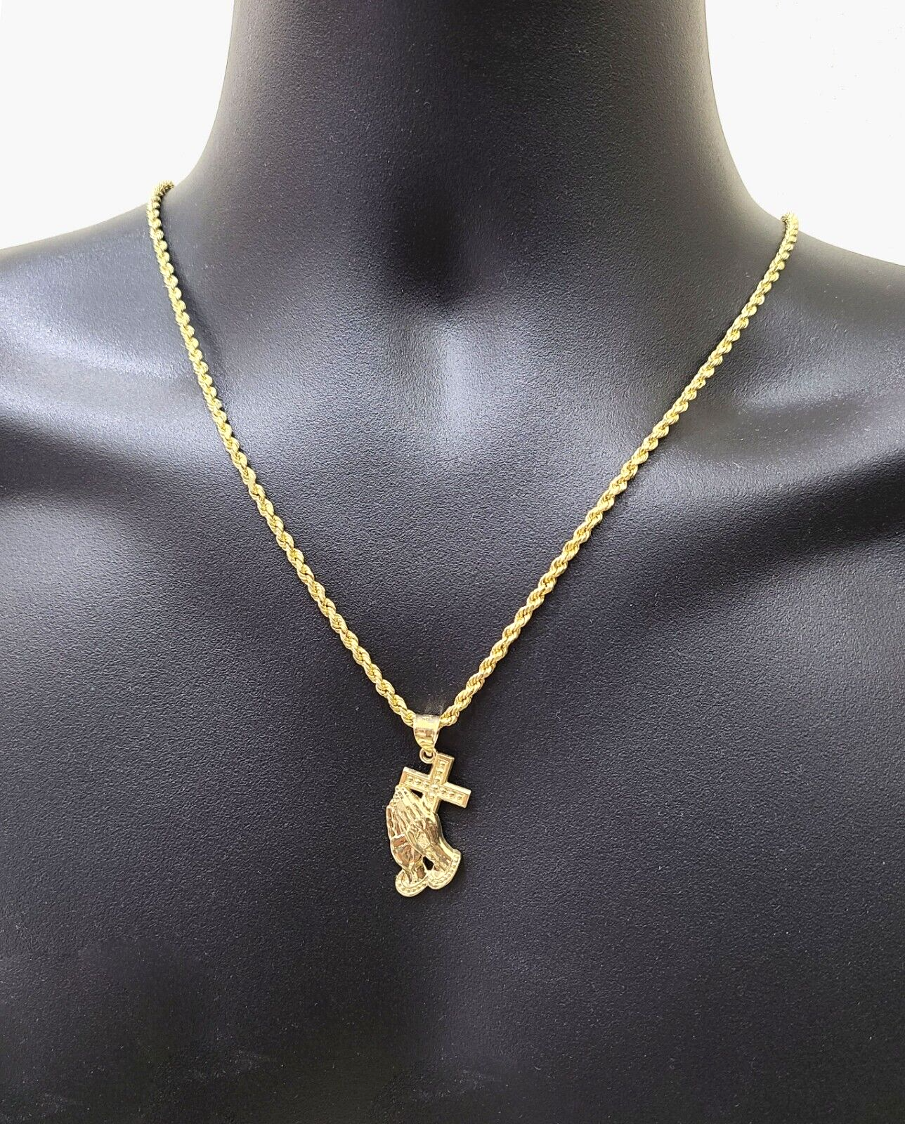 Real 10k Yellow Gold Rope Chain 20'' Necklace Praying Hand Cross Charm Pendant