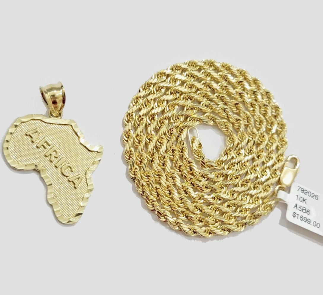 10k Yellow Gold Africa Map Charm Rope Chain 20 Inch Necklace Pendant SET SALE
