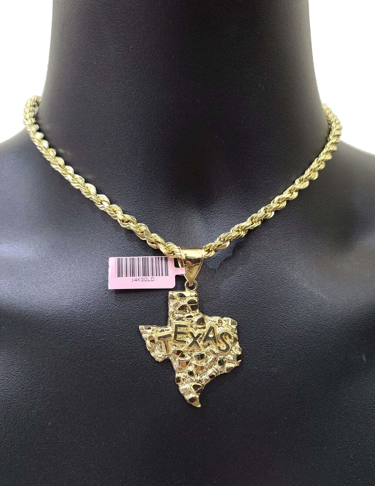 14k Yellow Gold Rope Chain 18'' Inch Necklace Texas Map Charm Pendant Real 14kt