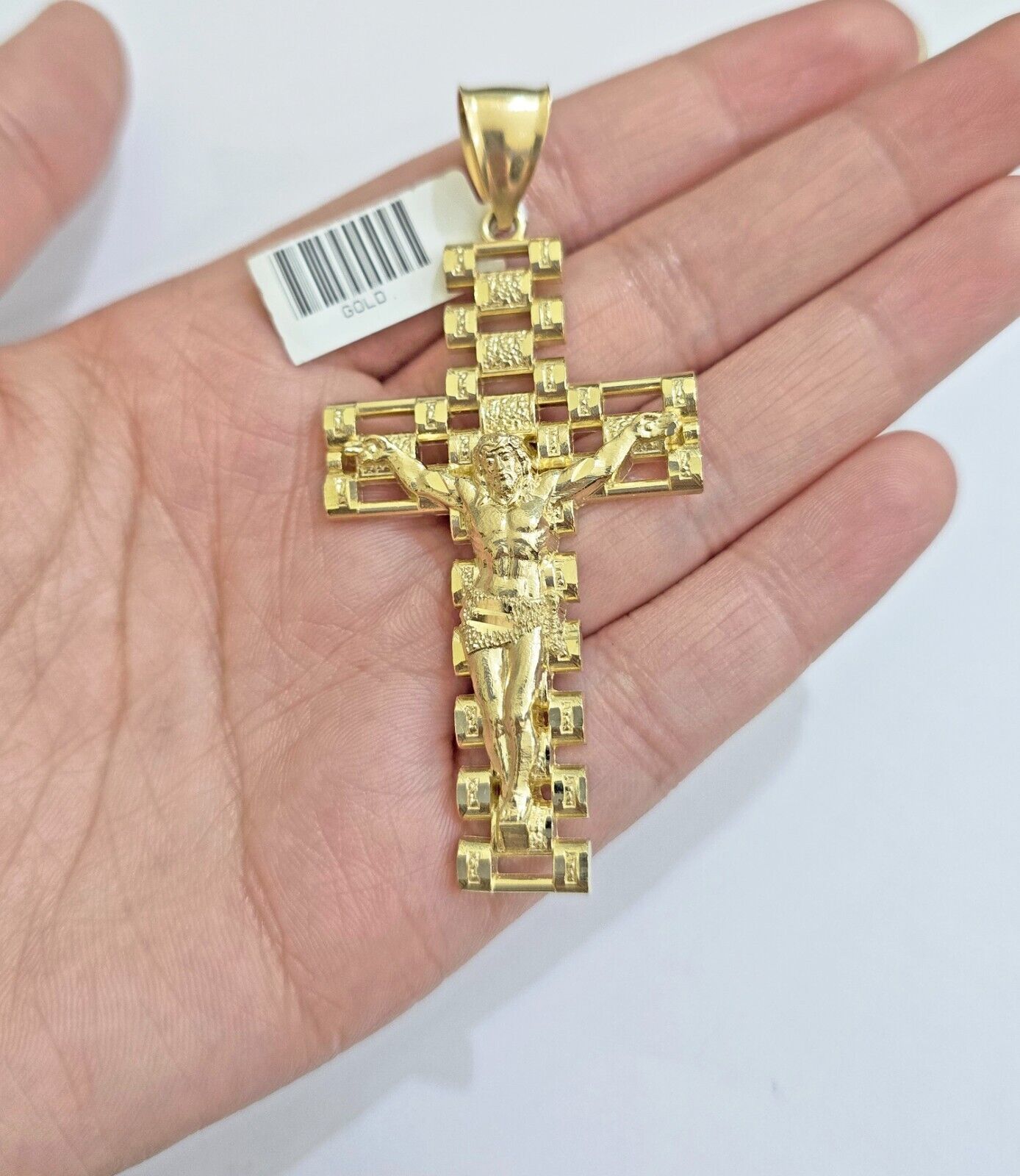 Real 10k Yellow Gold Cross Charm Pendant Mens Jesus Crucifix 3 Inch For Chain