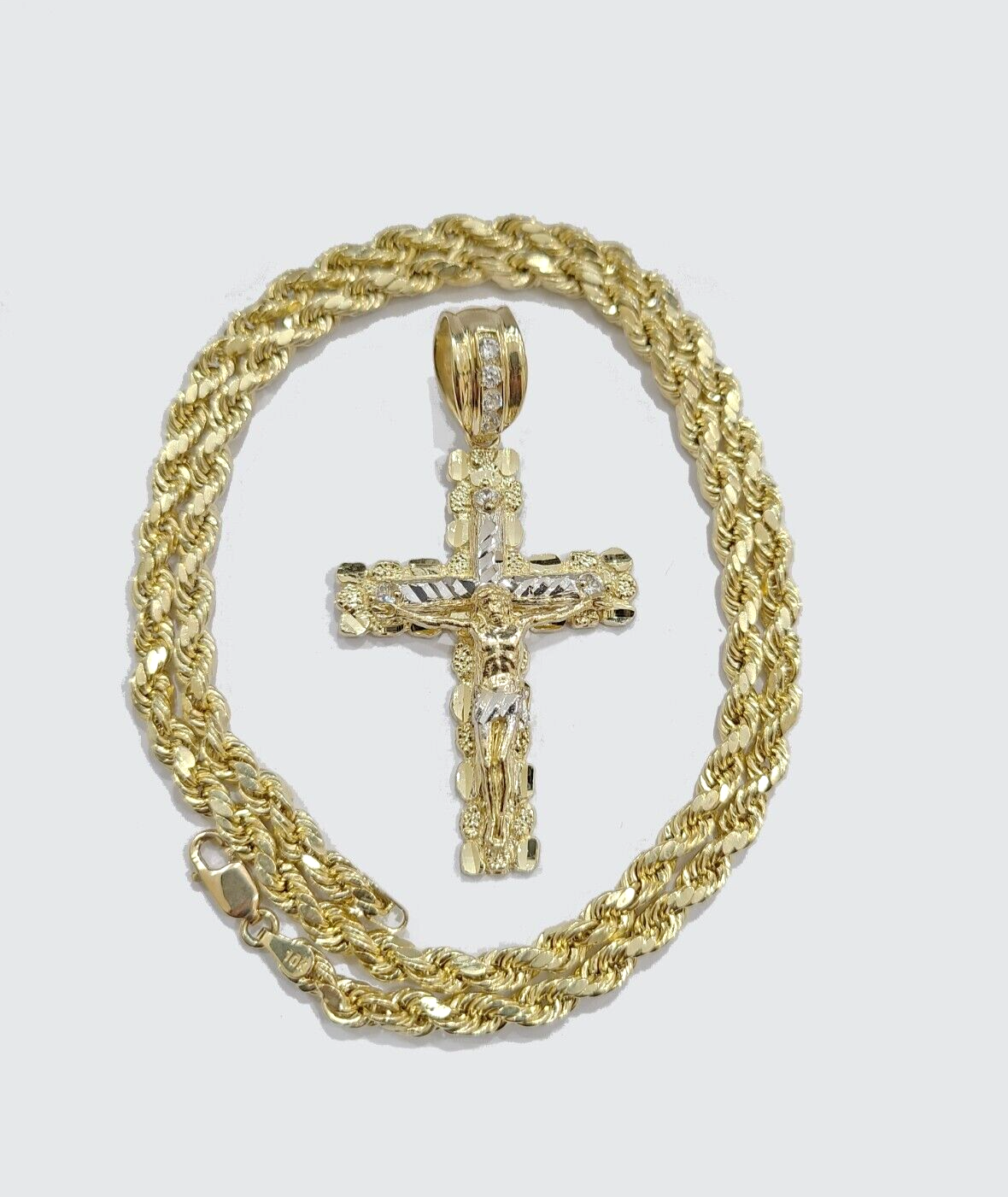 Real 10k Yellow Gold Cross Charm Rope Chain 4mm 30'' Necklace Pendant 10kt Jesus