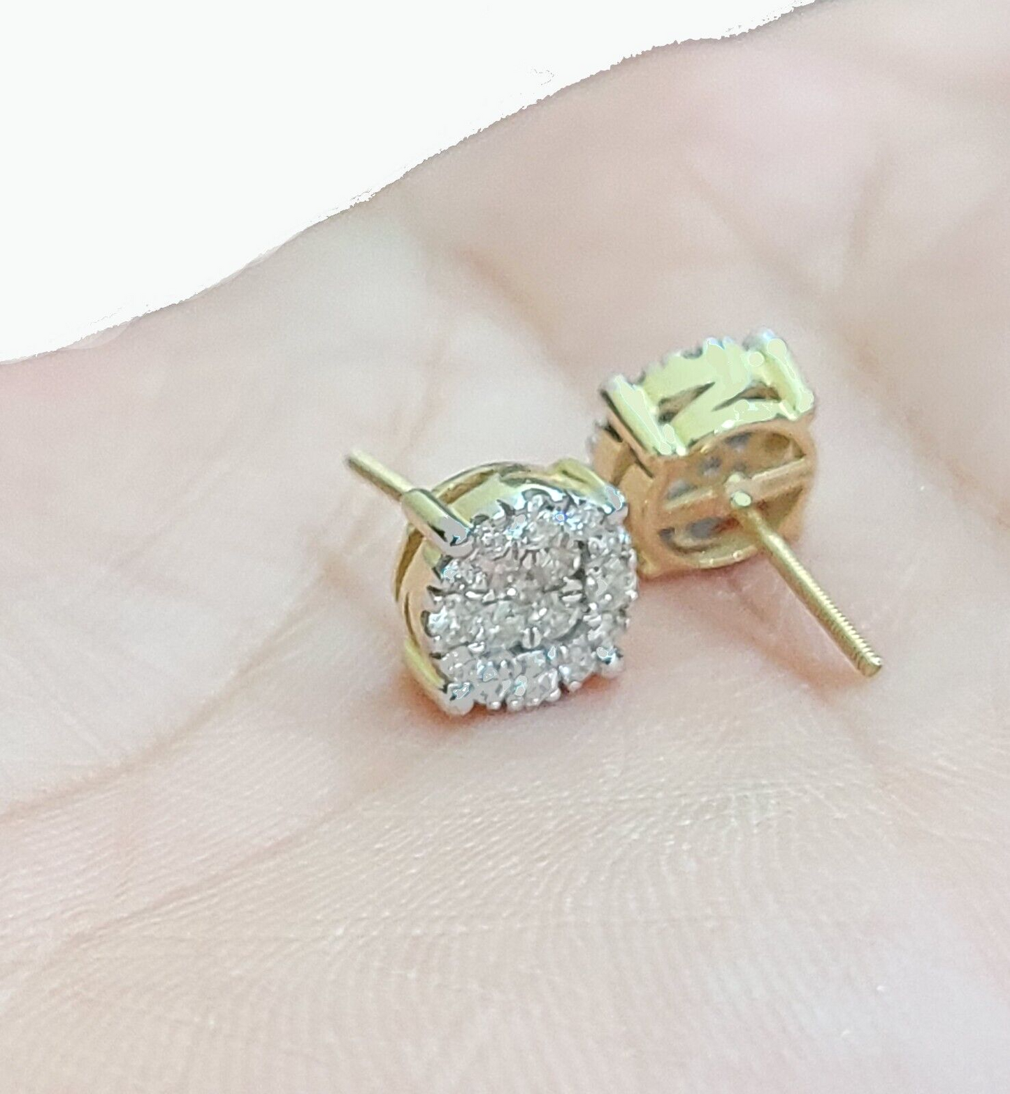 Real 10k Yellow Gold  Earring Stud  Diamond Round  Design Men Women Screw Back