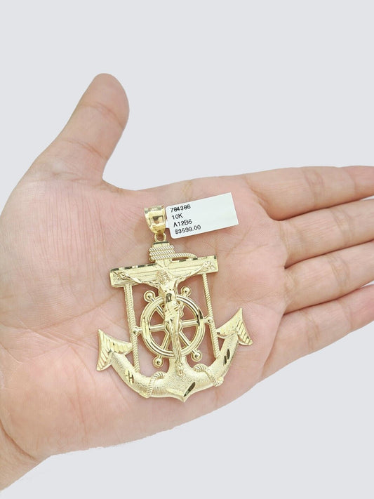 Real 10k Gold Anchor Jesus Cross Charm Pendant 10kt Yellow Gold Men Women