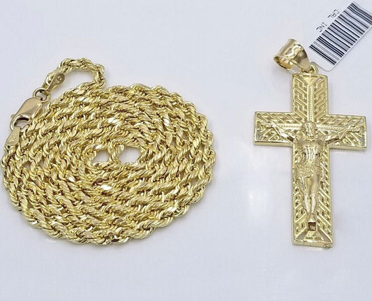 Real 10k Yellow Gold 3mm Rope Chain Cross Pendant 20" inch Necklace , Men Women