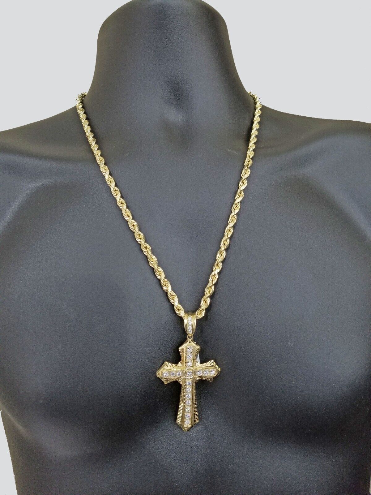 Real 10k Yellow Gold Rope Chain 24" inch Necklace And Cross Pendant 6mm