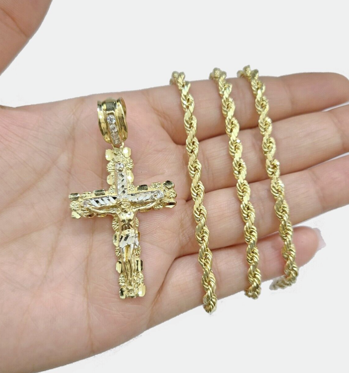 Real 10k Yellow Gold Cross Charm Rope Chain 4mm 30'' Necklace Pendant 10kt Jesus