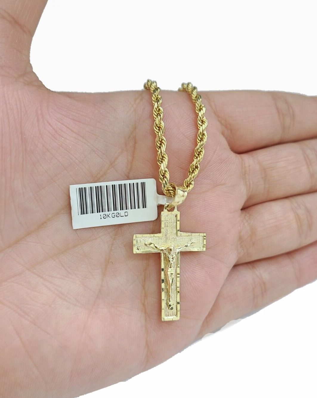Yellow Jesus Chain Real 10k Yellow Gold Jesus Cross Charm Rope Chain Necklace 3mm 26'' Pe ...
