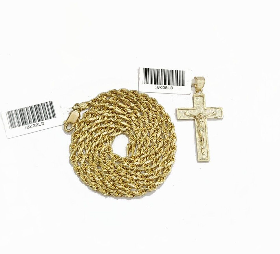 Real 10k Yellow Gold Jesus Cross Charm Rope Chain Necklace 3mm 20'' Pendant 10kt