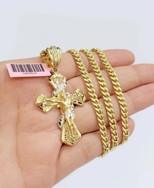 14k Gold Cross Charm Miami Cuban Link Chain 5mm 26'' Necklace 14kt Pendant SALE