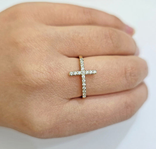 10k Yellow Gold Ring Ladies size 7 Real 10kt Cross Ring With Stones For Women