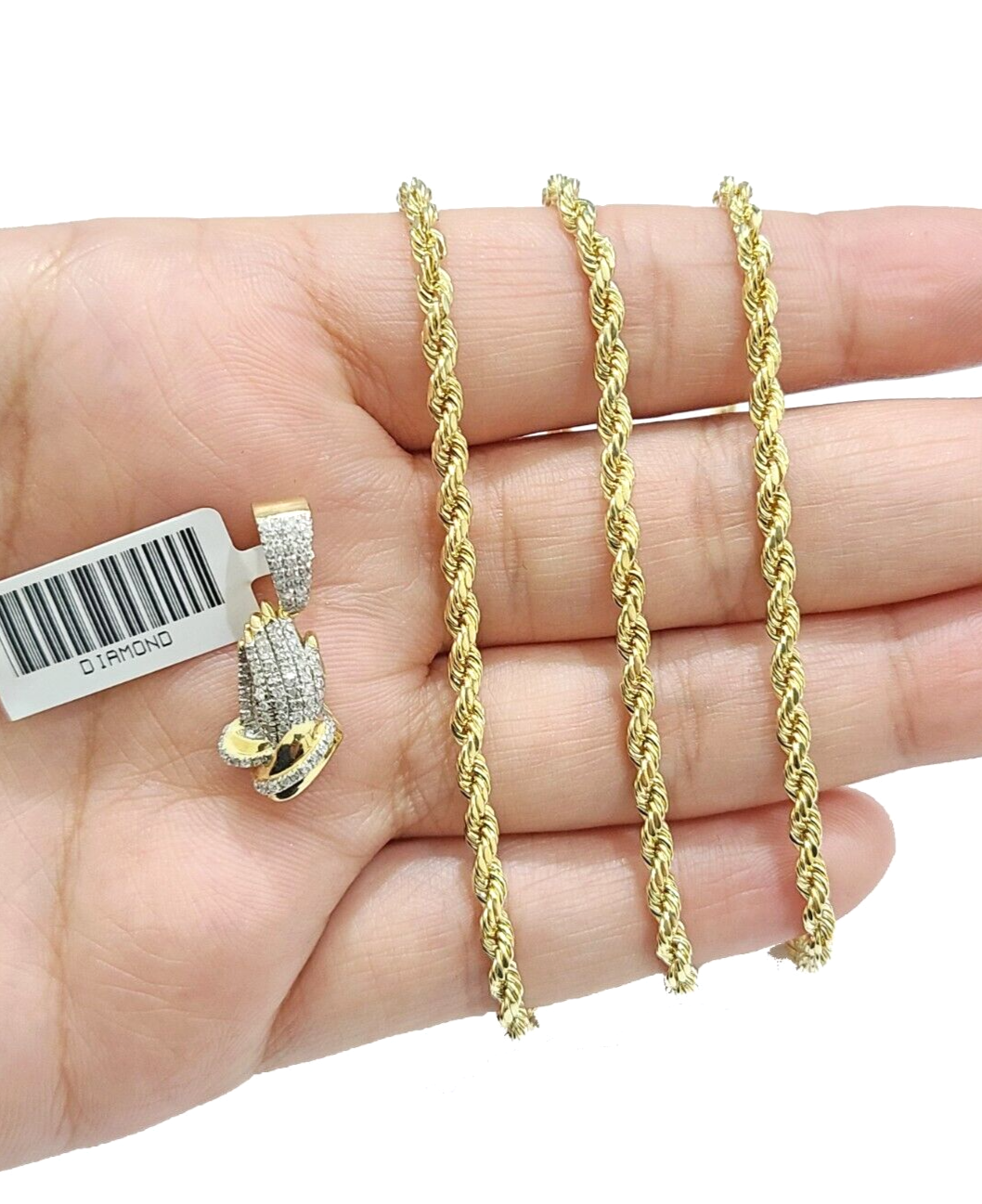 Real 10k Yellow Gold 3mm Rope Chain 20" inch Necklace Praying Hand Charm Pendant