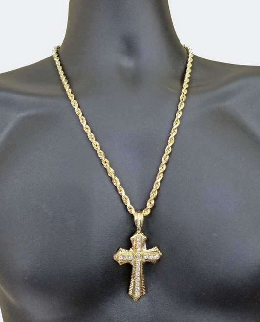 Real 10k Yellow Gold Rope Chain 24" inch Necklace And Cross Pendant 6mm