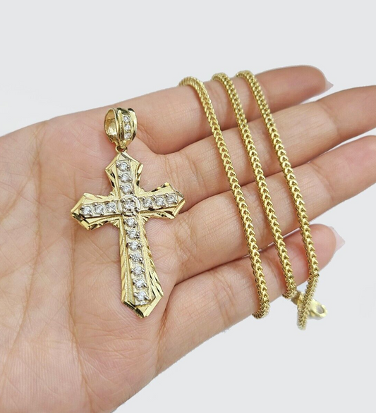 Real 10k Yellow Gold Franco Chain 2.5mm 26" inch Necklace Jesus Cross Charm 10kt