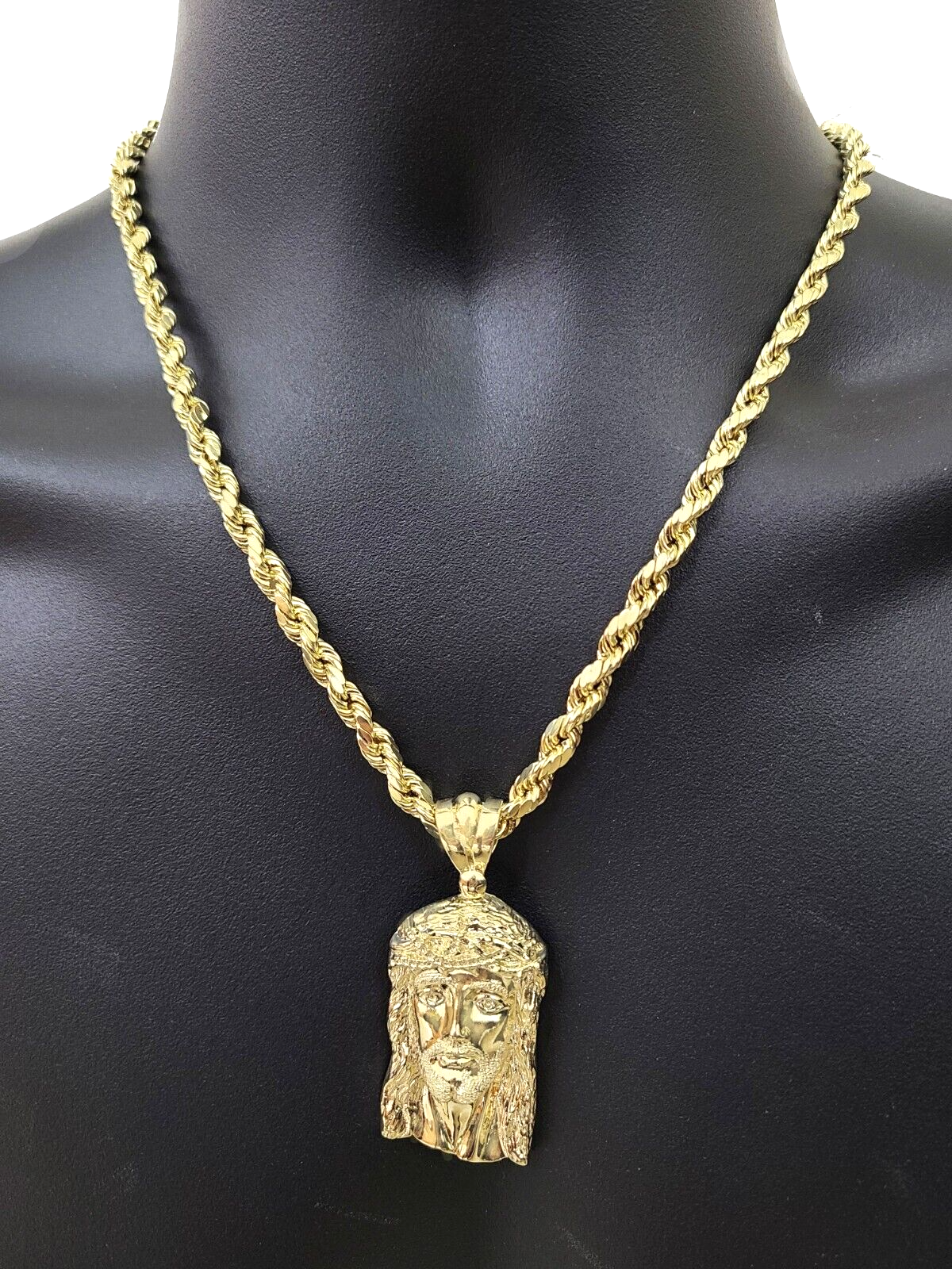 10k Gold Jesus Head Charm Rope Chain Necklace 6mm 22'' Set & Pendant 10kt REAL