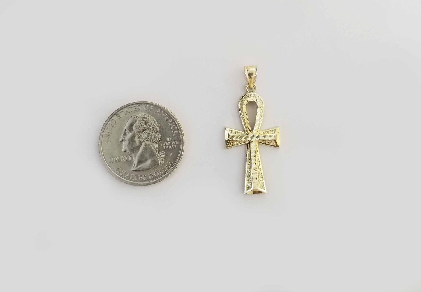 Real 10k Gold Ankh Charm Pendant 10kt Yellow Gold Diamond Cut Cross For Chain